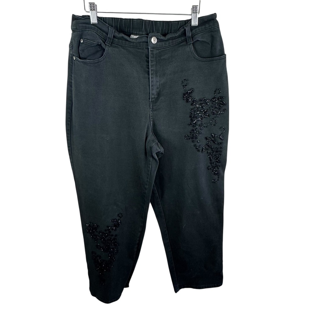 Quaker Factory Vintage Womens Black Beaded Embellished‎ Stretch Jeans Size Large